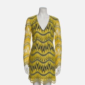 Nicole Miller Yellow print and Black V-Neck Dress